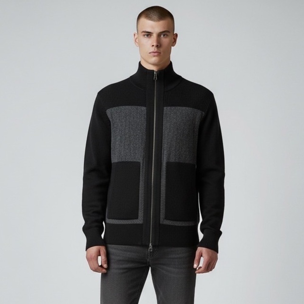 Banana Republic Mens Merino Wool Full Zip Cardigan Sweater Black Grey Large
